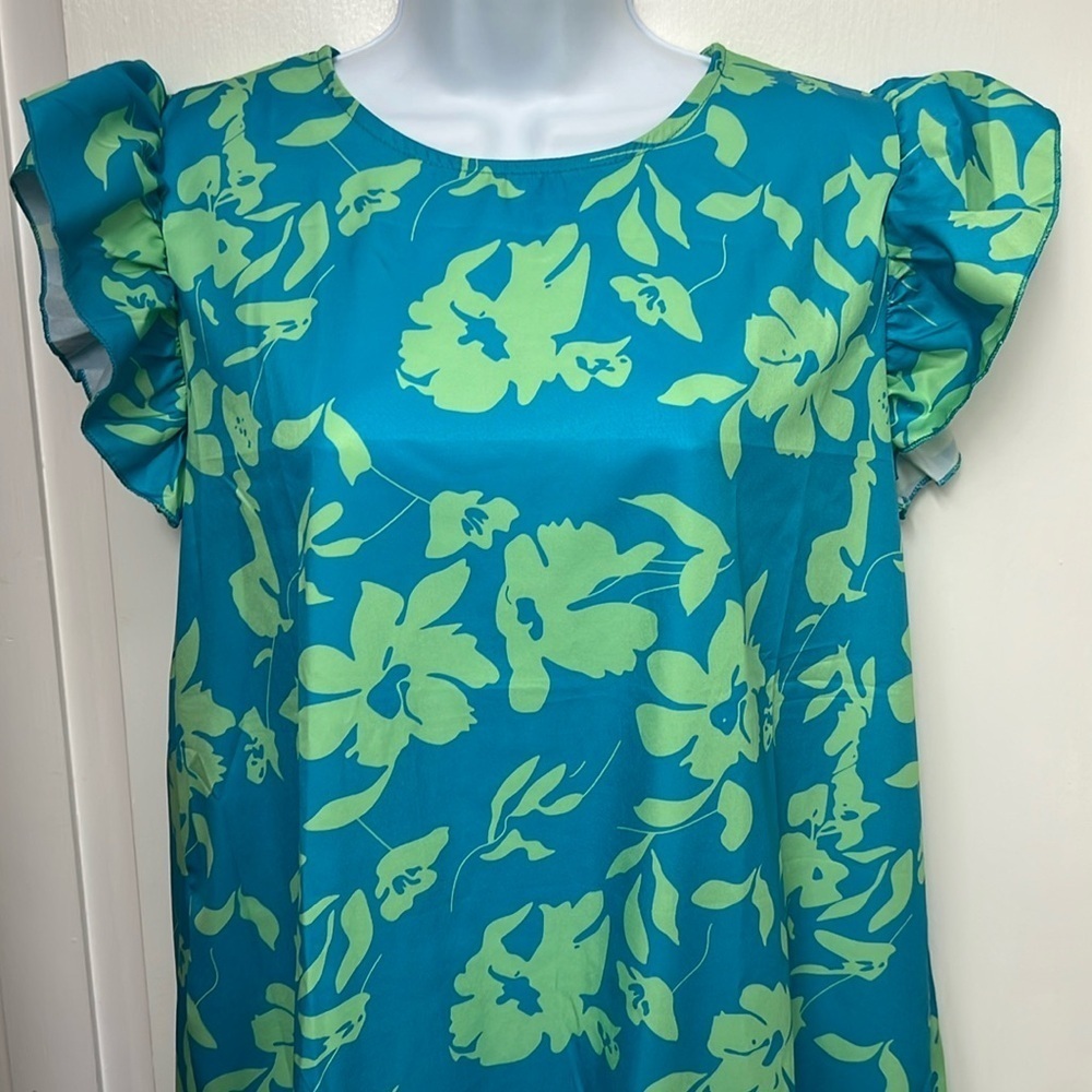 Floral Blue and Green Women's Dress - Picture 2 of 10